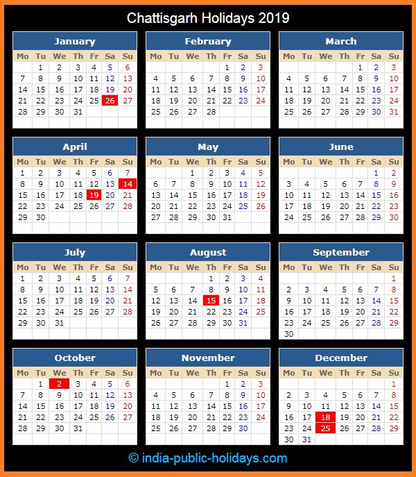 Chattisgarh Holiday Calendar 2019